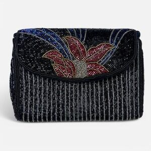 Walborg Clutch Black Beaded Vintage 1950s Evening Bag Floral‎ Flower Crossbody